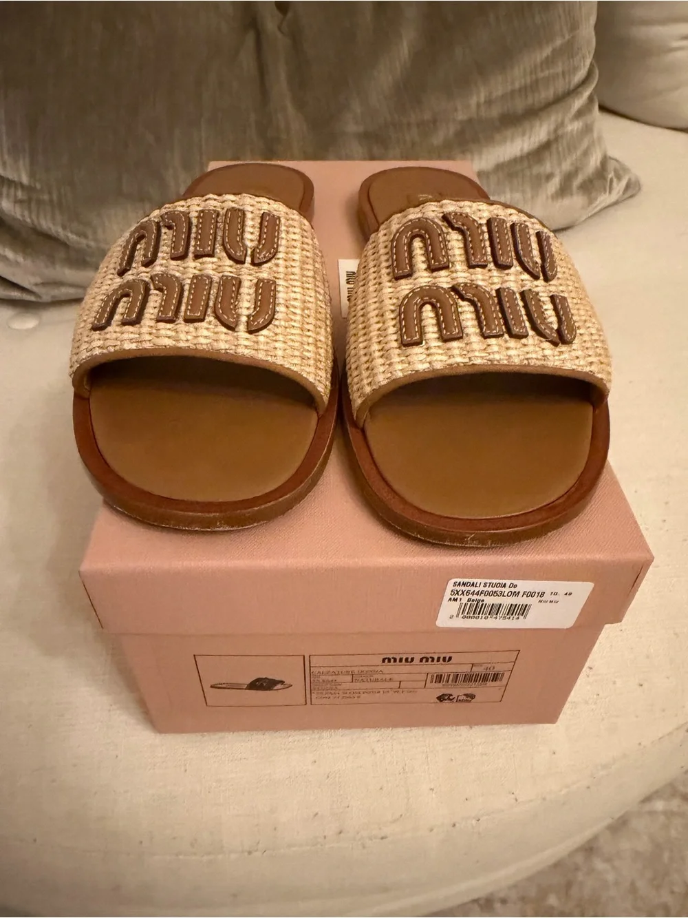 Miu Miu Woven Raffia Logo Slide Sandals in Natural and Tan - Picture 1 of 8